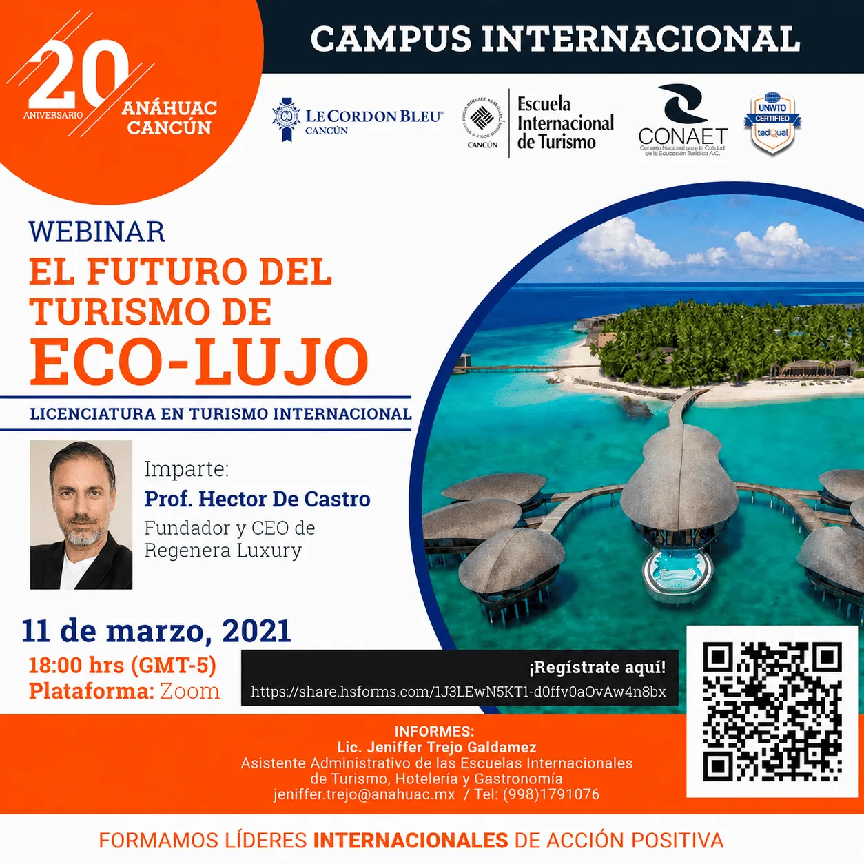 Cartel del webinar: El futuro del turismo de eco-lujo, con el Prof. Hector De Castro para la Universidad Anáhuac Cancún, 2021