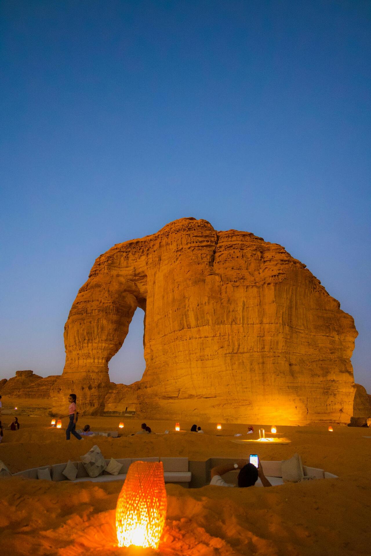AlUla, Saudi Arabia — Elephant Rock illuminated at dusk