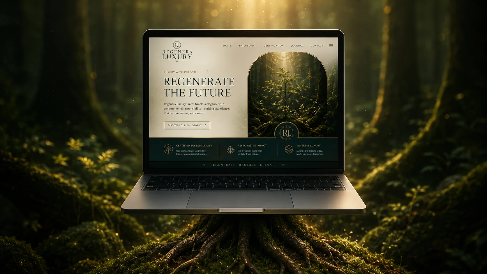 A Regenera Luxury website concept shown on a laptop nestled among forest roots