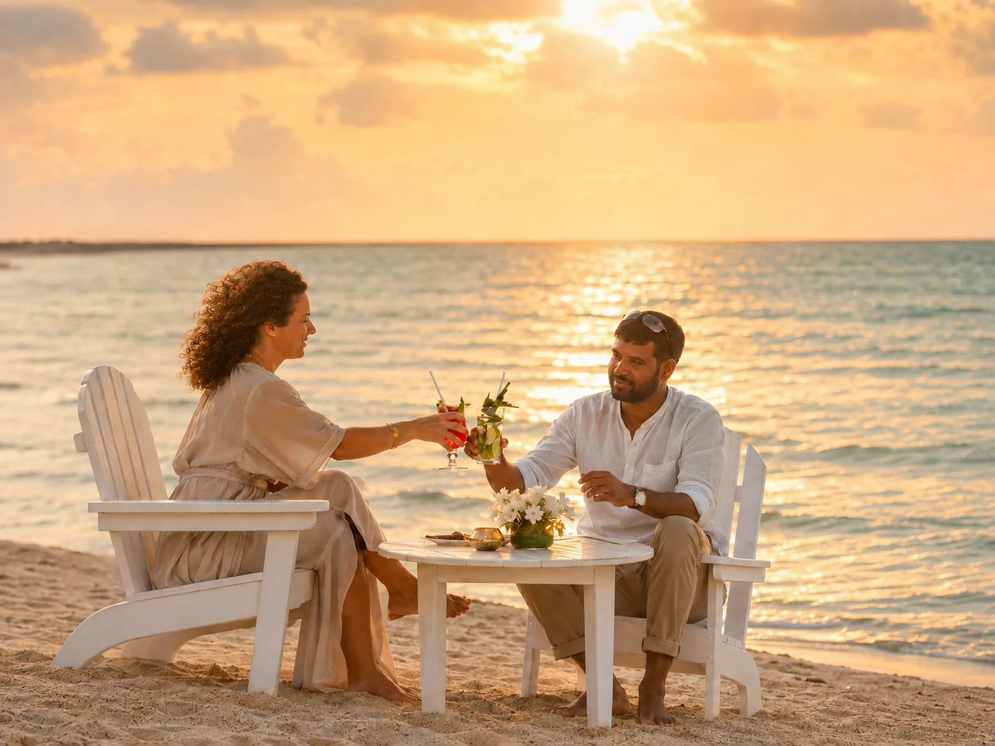 A couple toasting cocktails at sunset on the beach — the kind of authentic, place-rooted story RL Marketing tells