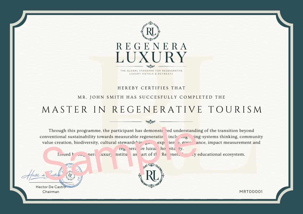 Master in Regenerative Tourism certificate — Regenera Luxury Institute