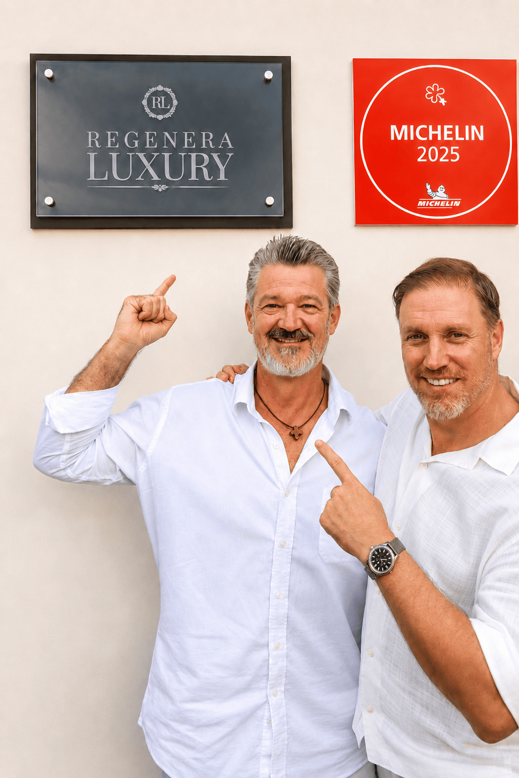 Andreas Caprez and Héctor De Castro beside the Regenera Luxury and MICHELIN 2025 plaques at Nerea, Tulum