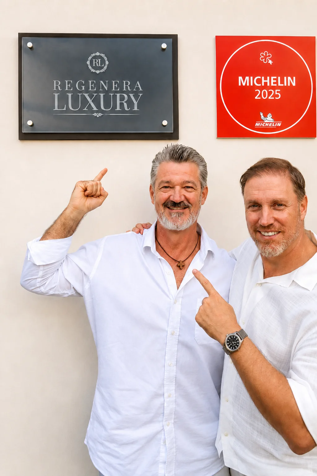 Andreas Caprez and Héctor De Castro beside the Regenera Luxury plaque and a Michelin 2025 plaque