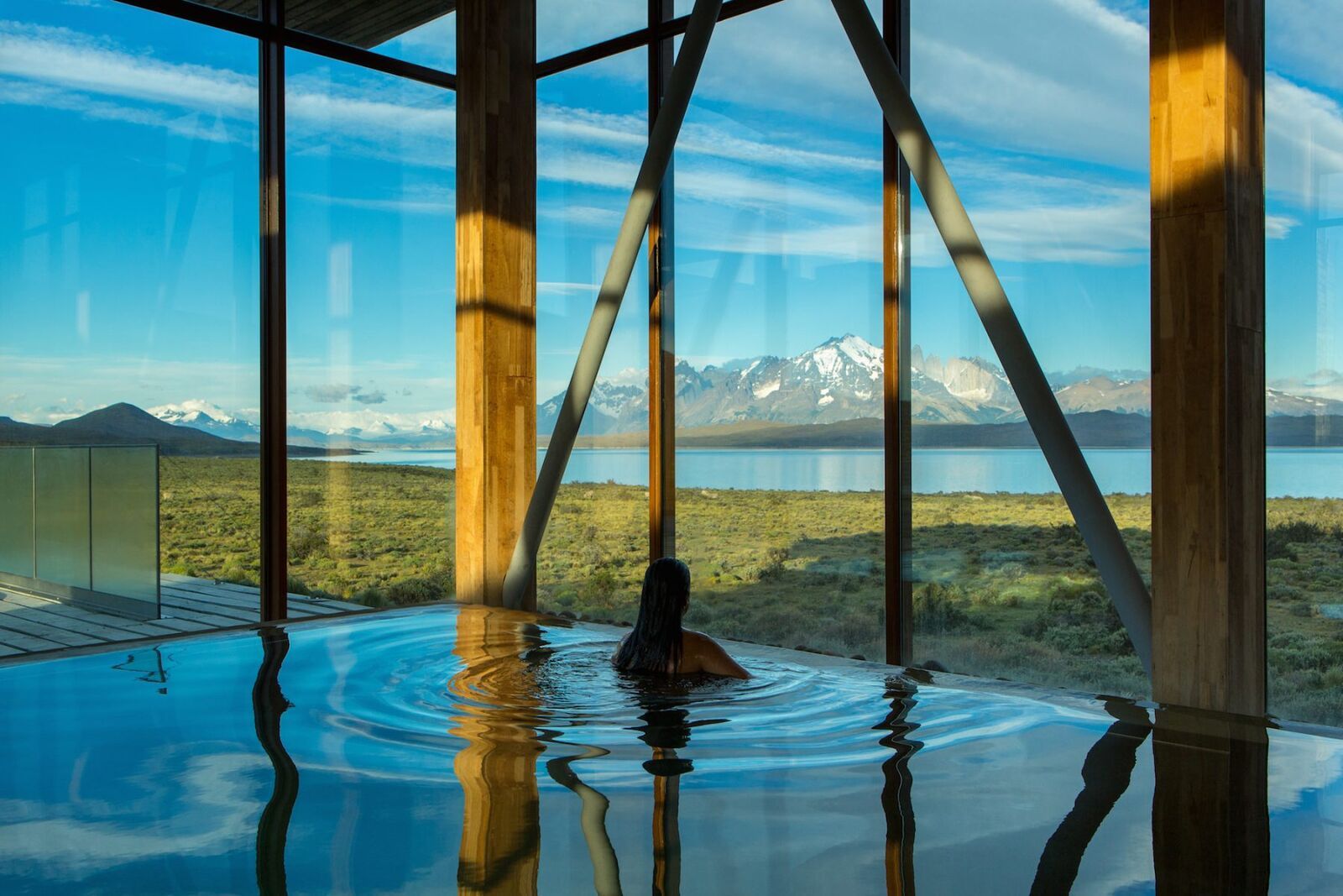 Infinity pool framing Torres del Paine, Tierra Patagonia